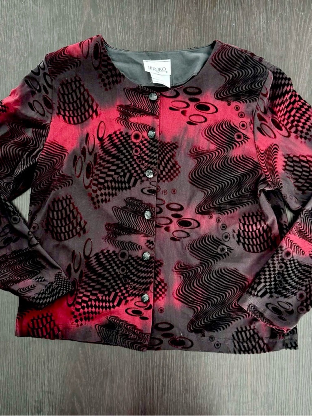 Hiroko Red Black Burnout Velvet Abstract Art Button Top Shirt Blouse Whimsigoth - Picture 2 of 4